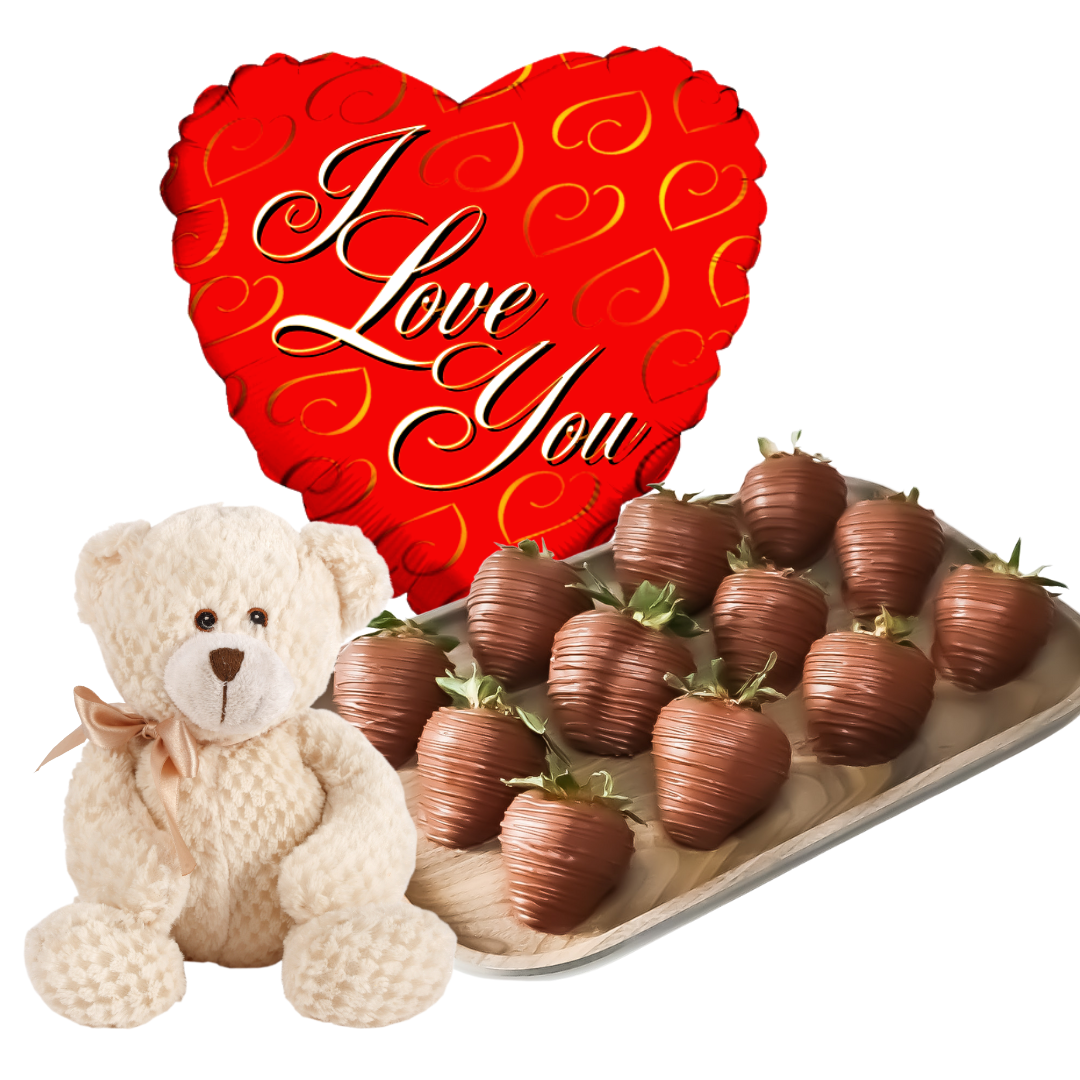Love Bundle Chocolate Dipped Strawberries, Plush Bear Balloon